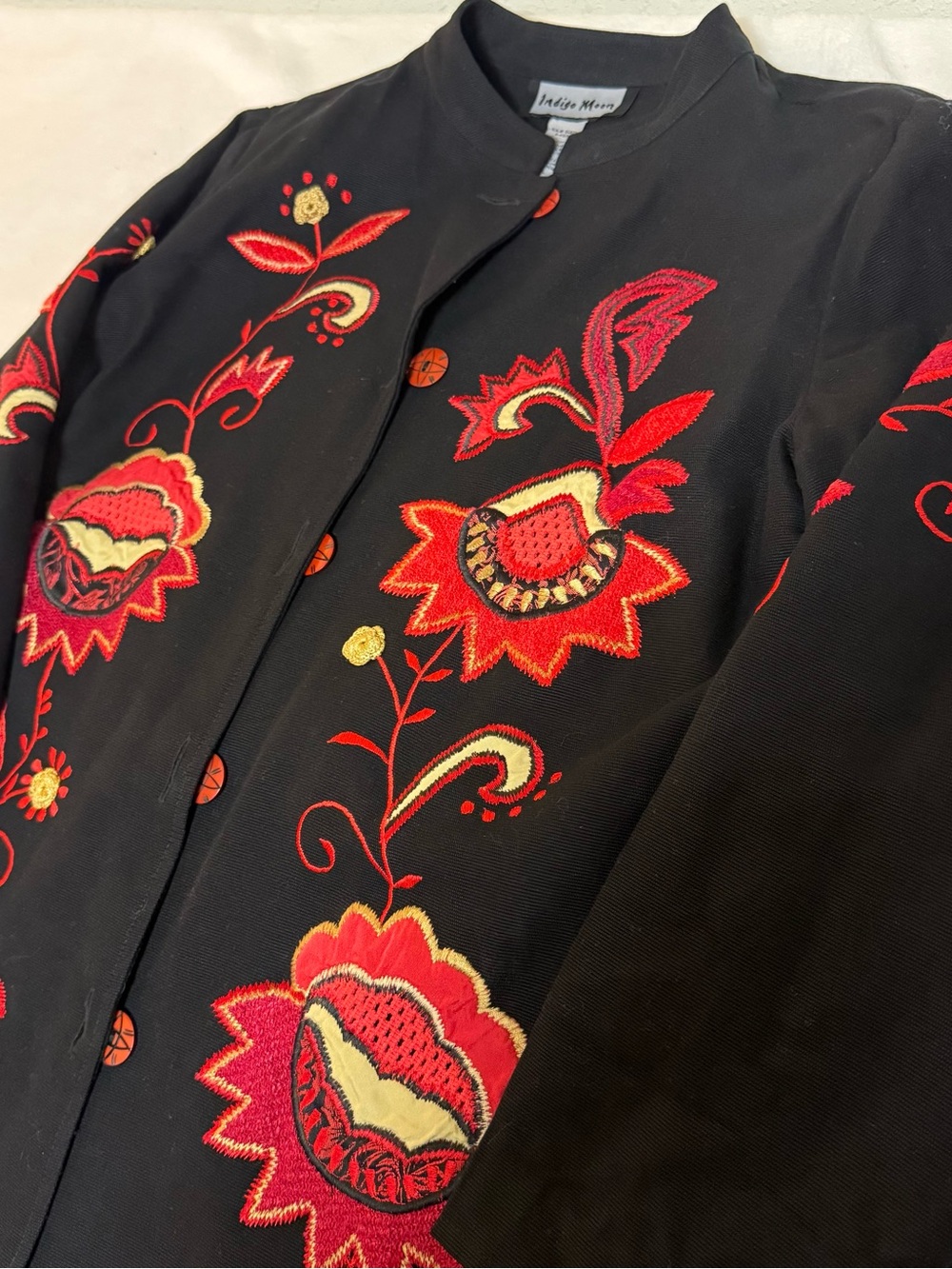 Indigo Moon Women L Black Embroidered Floral Duster Jacket Long Artsy Boho